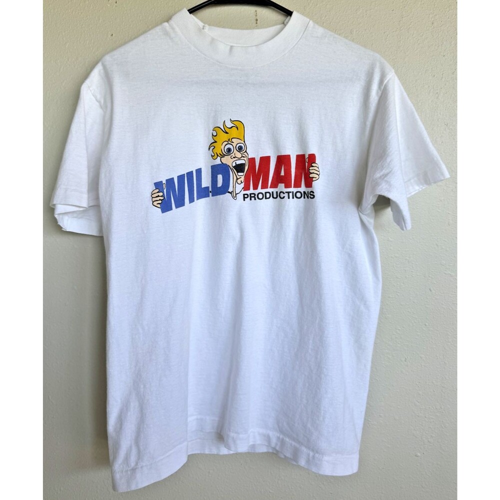 Vintage shirt White Crewneck Cotton Cartoon Wild Man Productions Funny Red Blue